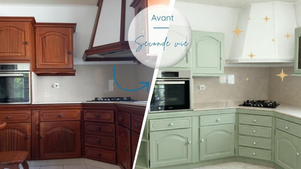 Relooking de cuisine en bois et mélaminé à la Réunion, avant apres peinture meubles et plan de travail. Relooking, rénovation, transformation