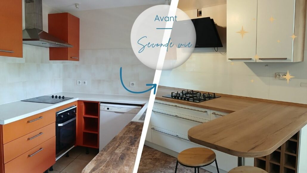 relooking de cuisine à la Réunion, avant apres peinture meubles et plan de travail. Relooking, rénovation, révélation.