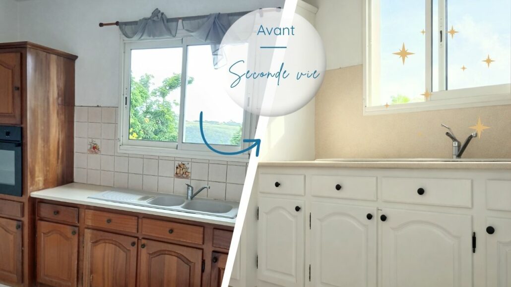 Relooking de cuisine à la Réunion, avant après peinture meubles et plan de travail