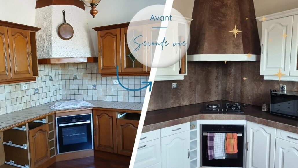 Relooking de cuisine à la Réunion, avant apres peinture meubles changement plan de travail. Relooking, rénovation.