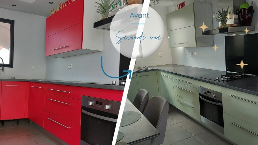 Relooking de cuisine à la Réunion, avant après peinture meubles changement plan de travail.