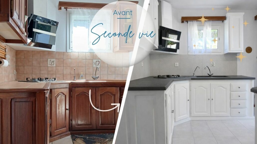 Relooking de cuisine à la Réunion, avant après peinture meubles et changement plan de travail. Relooking, rénovation, révélation.